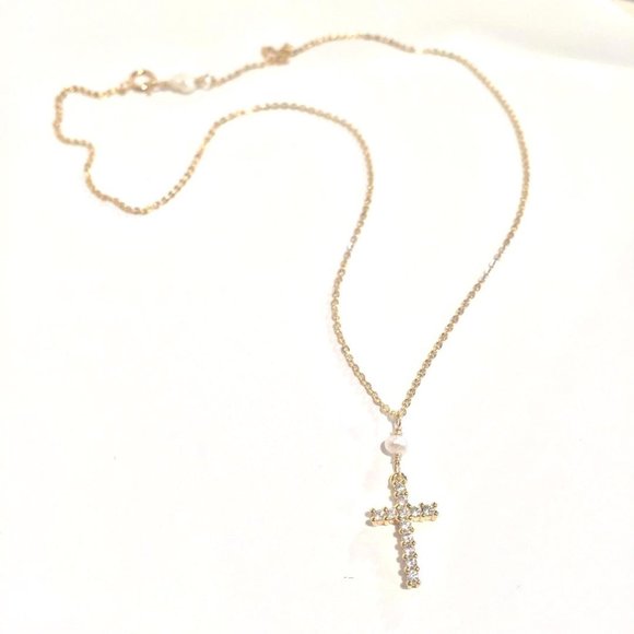 Tiny White Pearl CZ Cross Necklace Sterling Silver - Picture 4 of 4